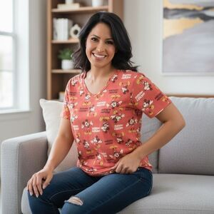 Disney Women's Mickey Mouse All Over Print AOP Red V-Neck Scrub Top Size 1X